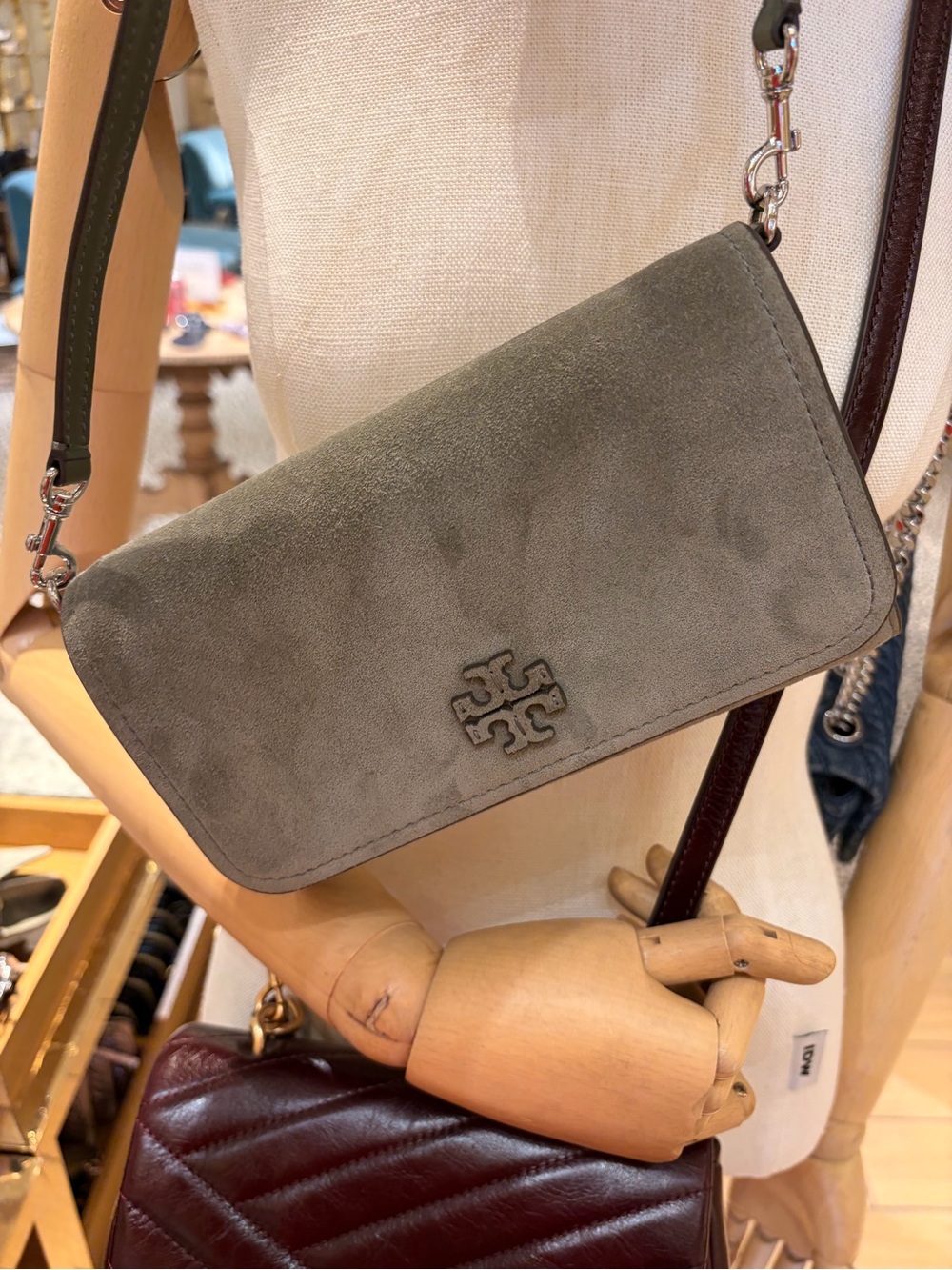 Tory Burch Suede thea Crossbody with wallet in Olive and Blush new